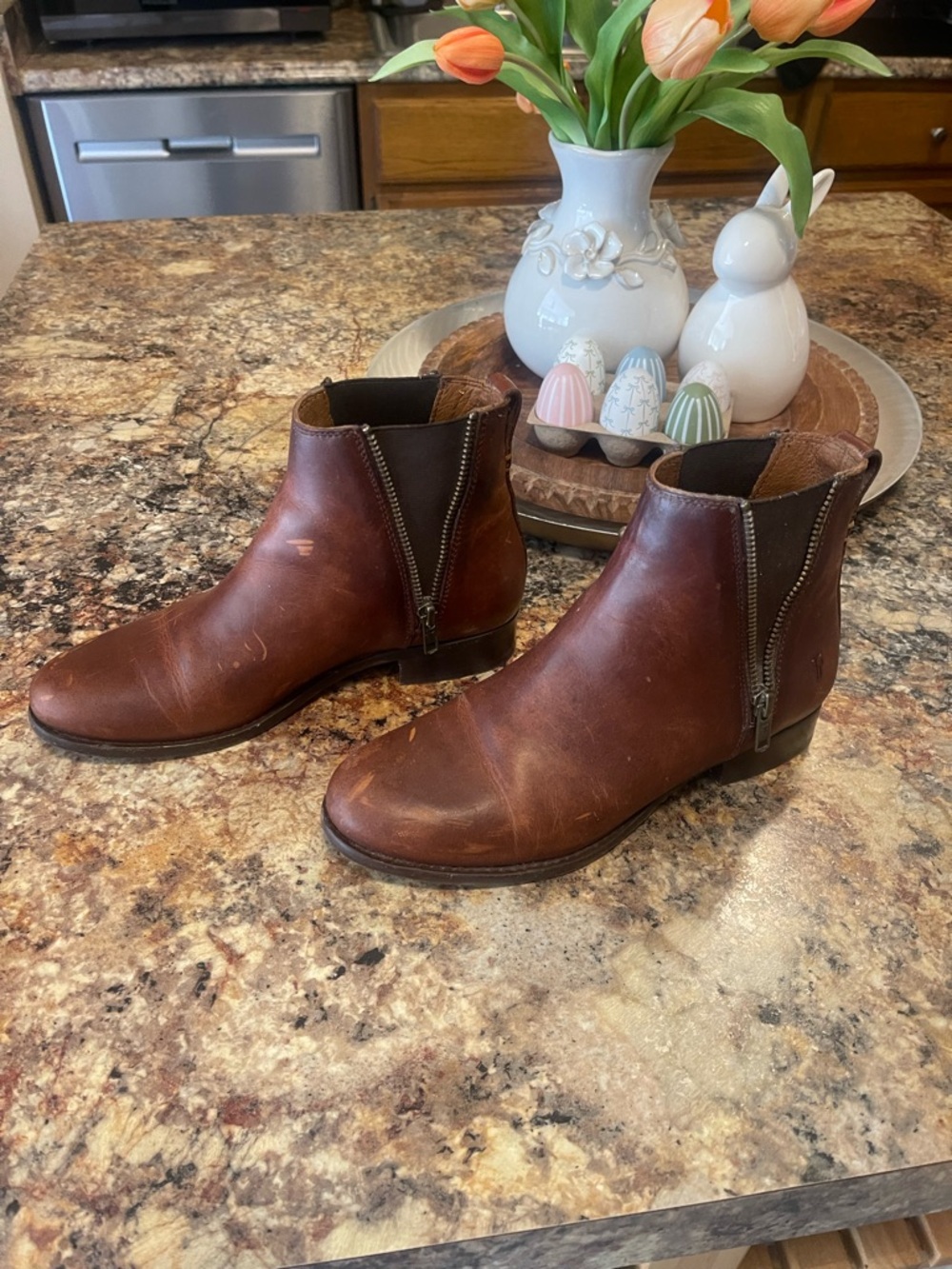 Frye Brown Leather Ankle Boots with Side Zippers